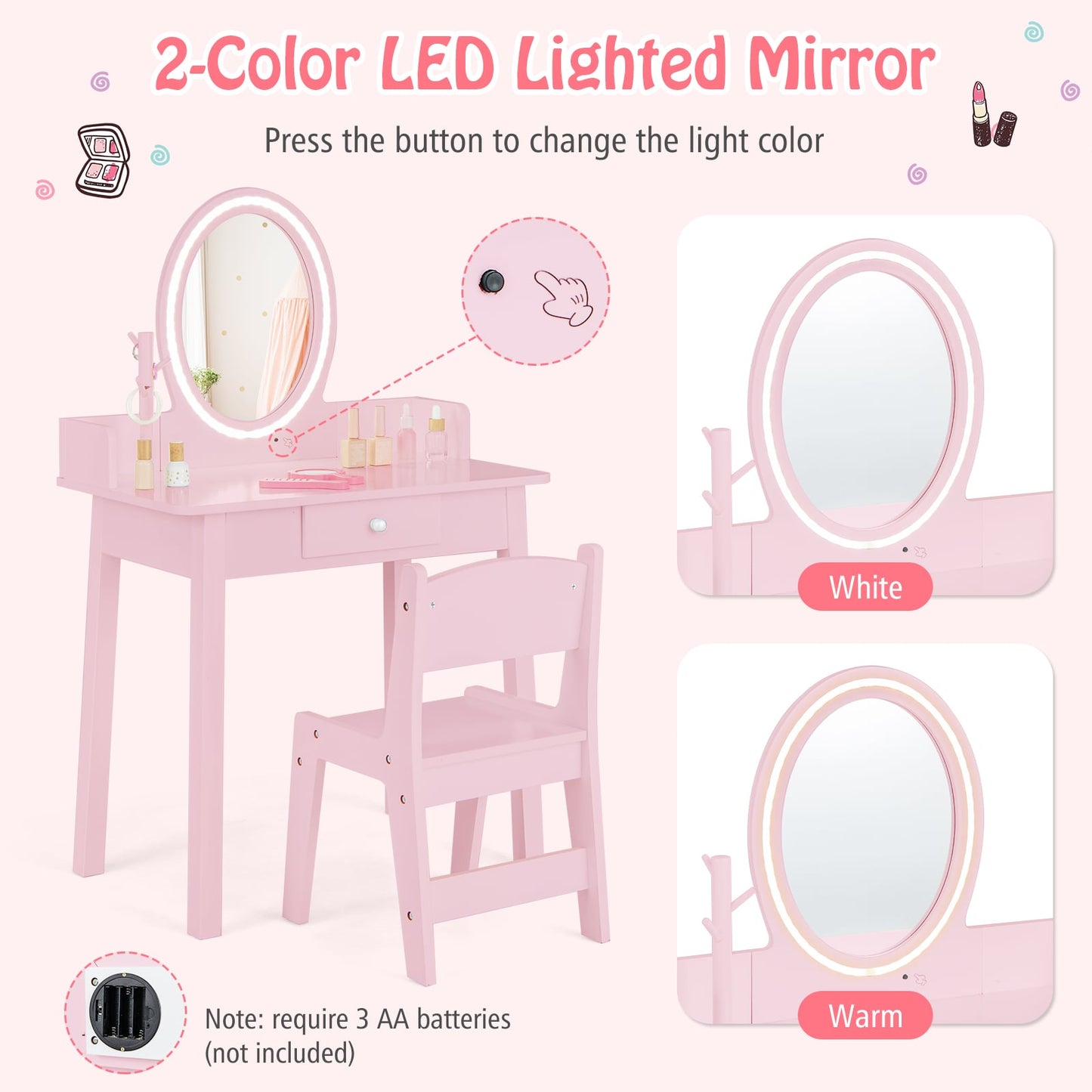 Kids Vanity Set Makeup Beauty Dressing Table and Chair with Lighted Mirror-Light Pink