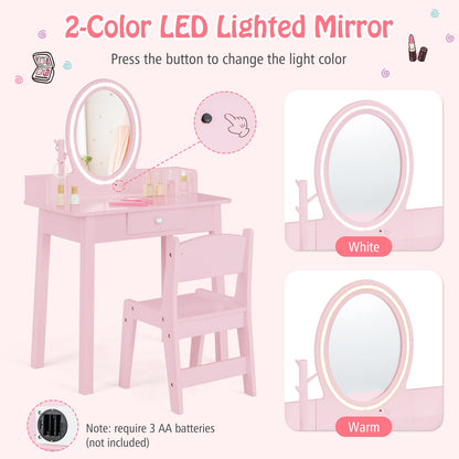 Kids Vanity Set Makeup Beauty Dressing Table and Chair with Lighted Mirror-Light Pink