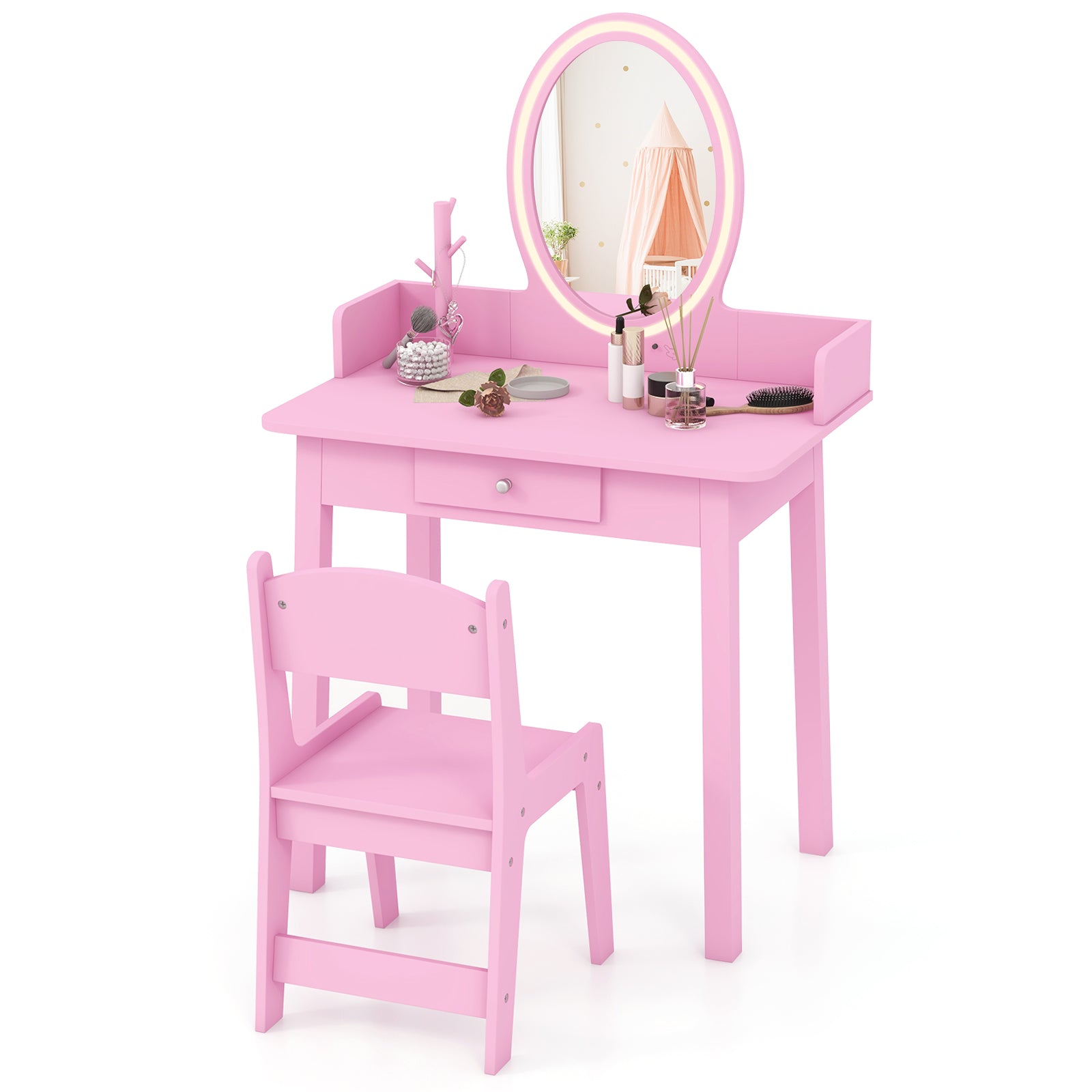 Kids Vanity Set Makeup Beauty Dressing Table and Chair with Lighted Mirror-Pink