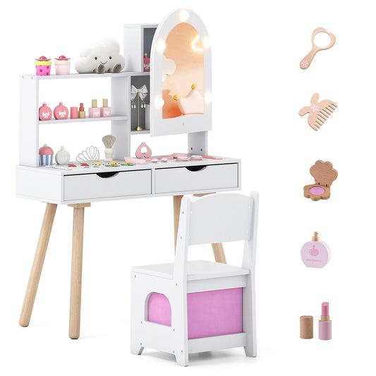 Kids Vanity Set Pretend Play Dressing Table Set with 3-Color Lighting Modes-White