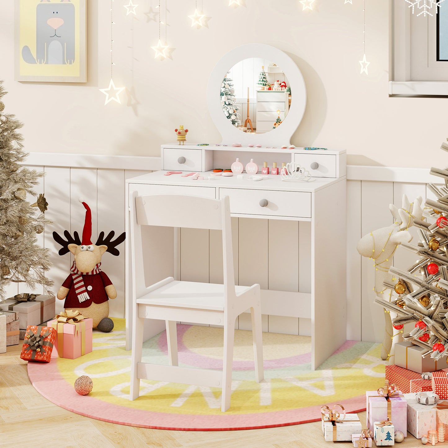 Kids Vanity Set with Open Shelf and 4 Storage Drawers-White