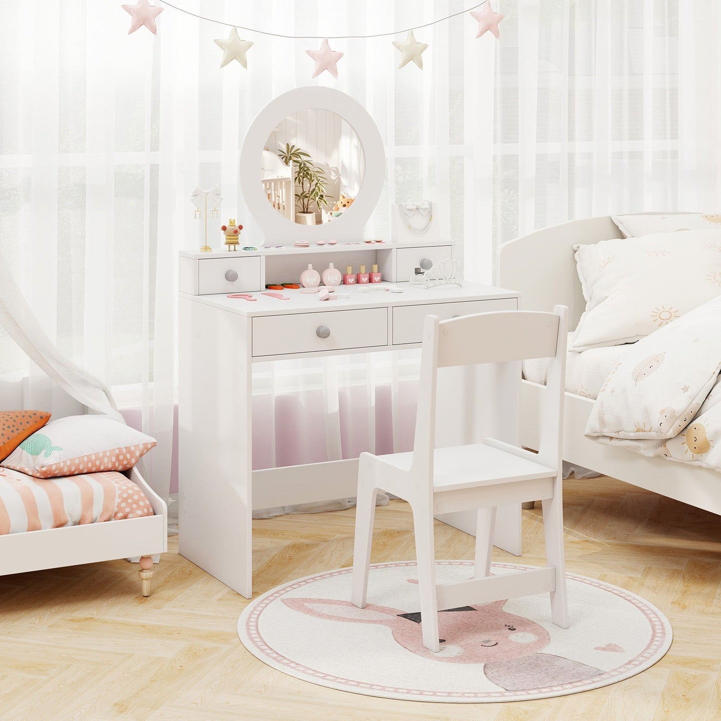 Princess Makeup Dressing Desk and Chair Set with Mirror-White
