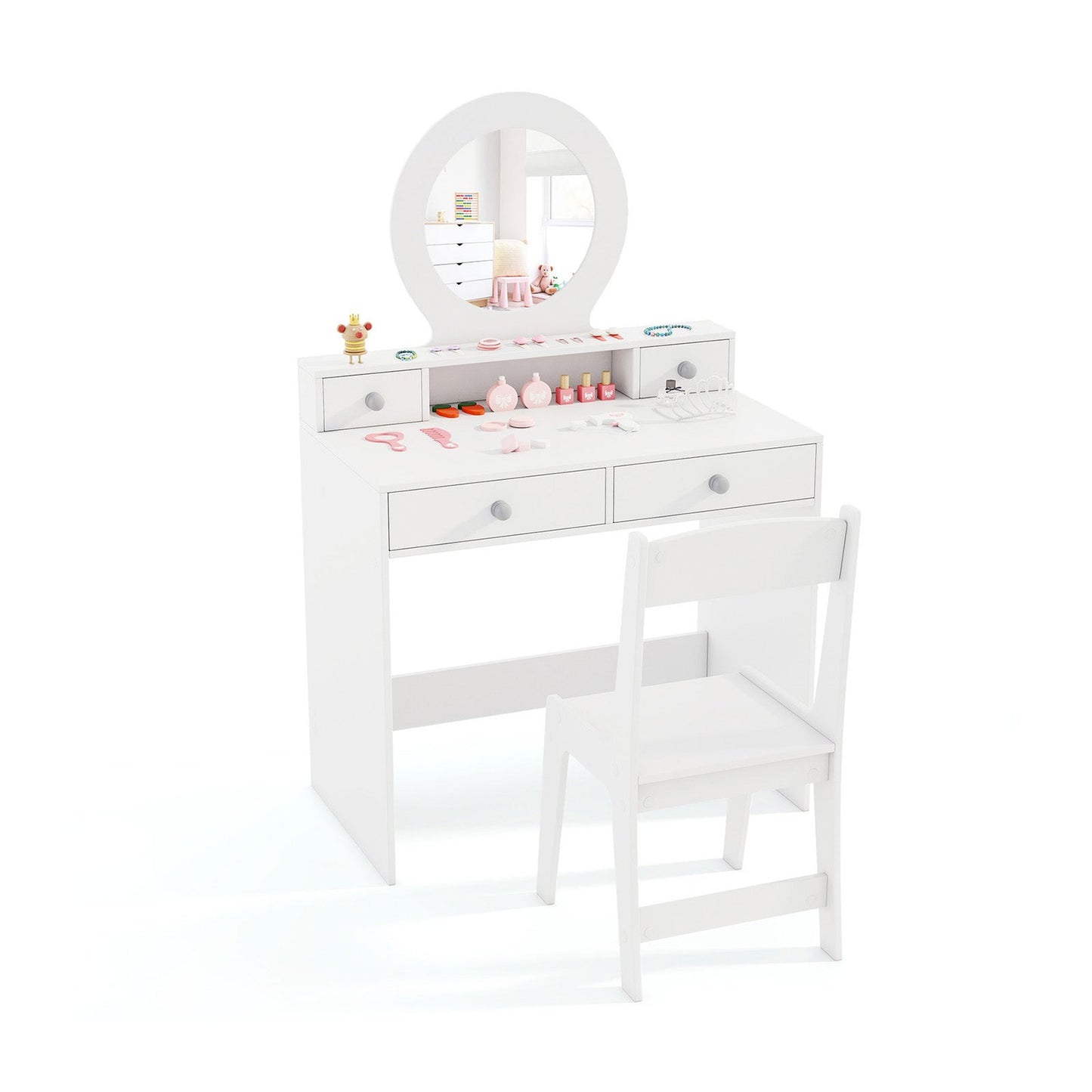 Princess Makeup Dressing Desk and Chair Set with Mirror-White
