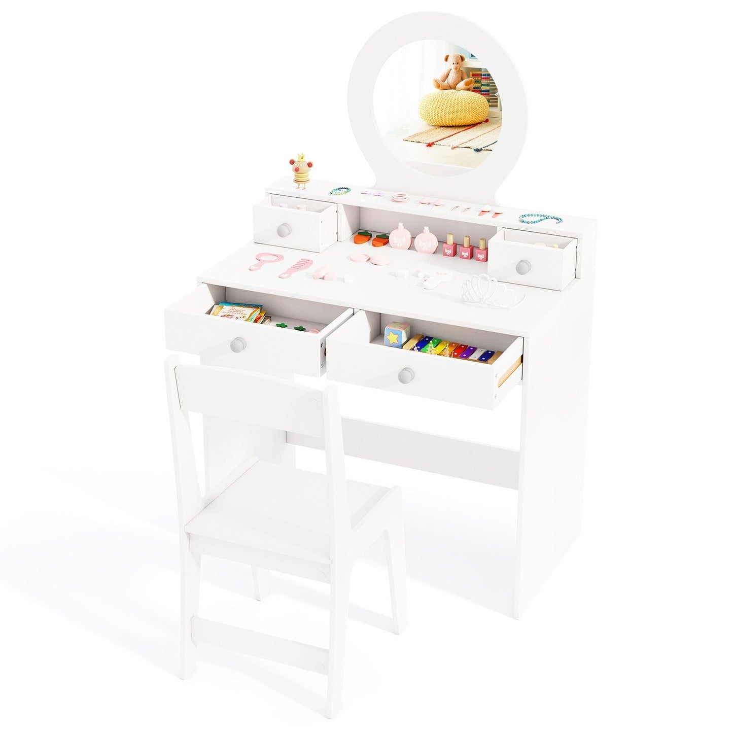 Princess Makeup Dressing Desk and Chair Set with Mirror-White