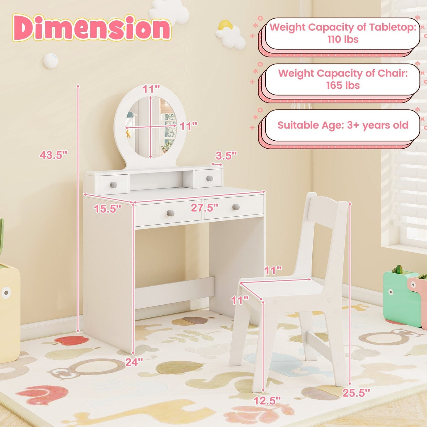 Princess Makeup Dressing Desk and Chair Set with Mirror-White