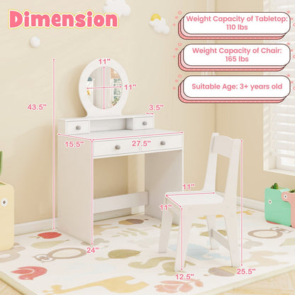 Princess Makeup Dressing Desk and Chair Set with Mirror-White