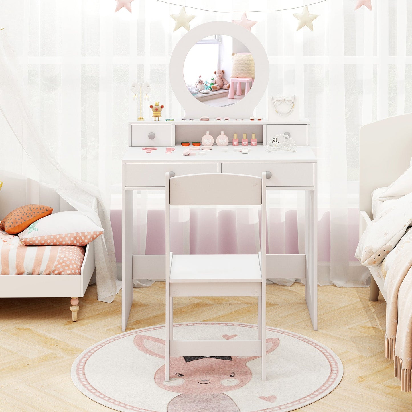 Princess Makeup Dressing Desk and Chair Set with Mirror-White
