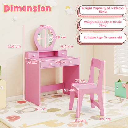 Kids Vanity Set with Open Shelf and 4 Storage Drawers-Pink