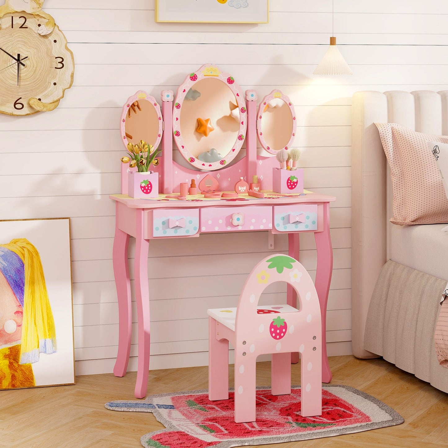 2-in-1 Kids Vanity Table and Chair Set-Pink
