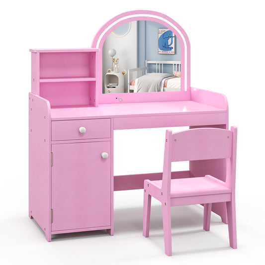 Kids Vanity Table and Chair Set with Shelves Drawer and Cabinet-Pink