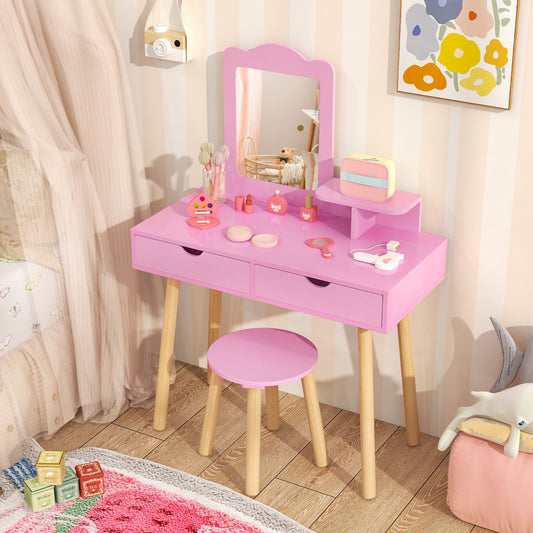 Kids Vanity Table and Stool Set with Square Mirror and Storage Shelf-Light Pink