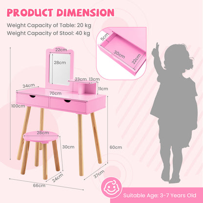 Kids Vanity Table and Stool Set with Square Mirror and Storage Shelf-Light Pink