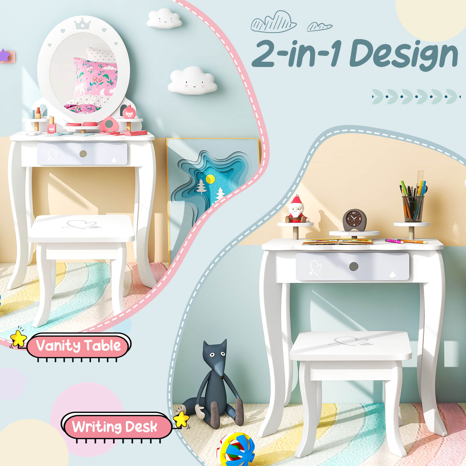 Kids Vanity Table and Stool with Mirror and 3 Shelves-White