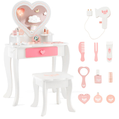 Kids Vanity Table and Stool with Removable Mirror and Drawer-White