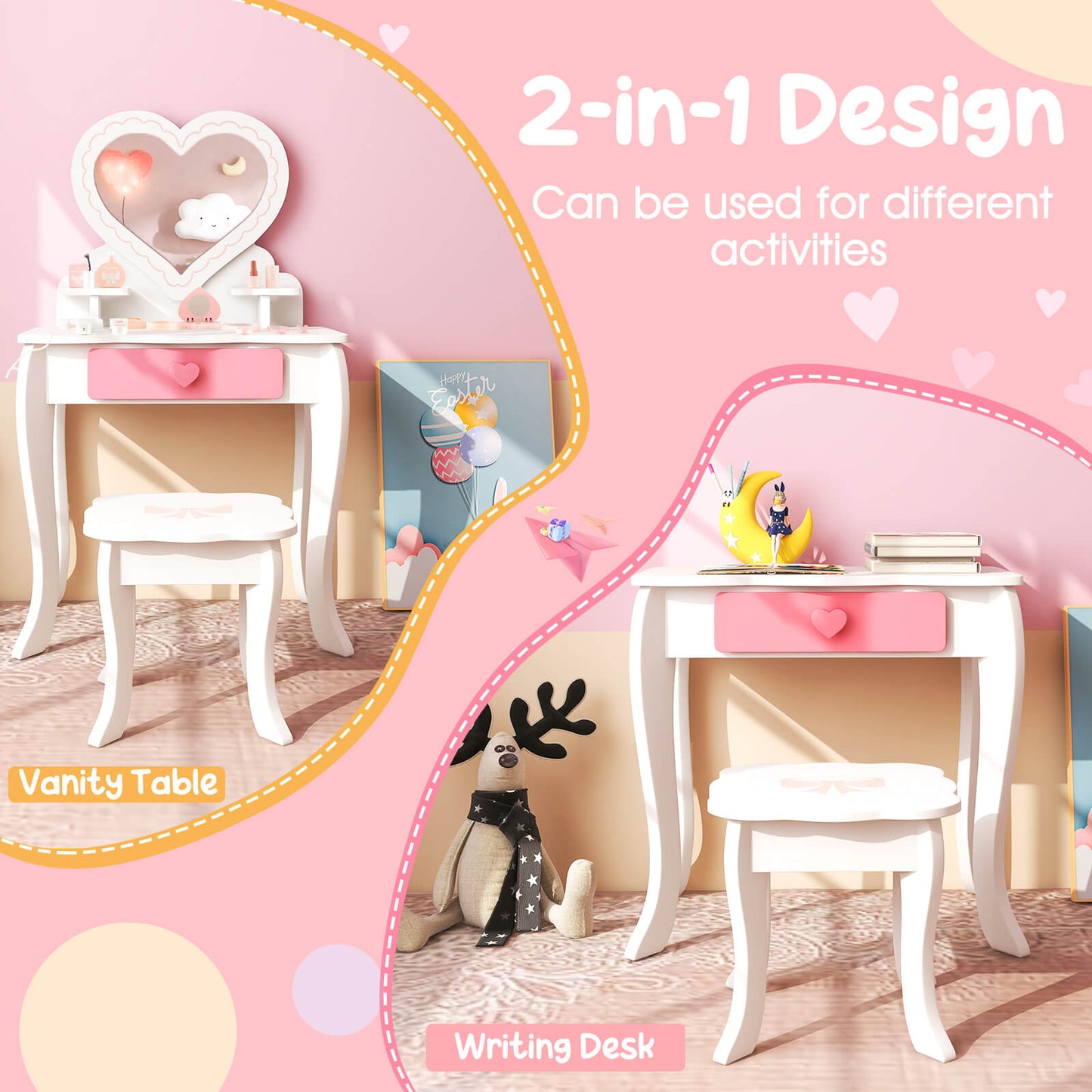 Kids Vanity Table and Stool with Removable Mirror and Drawer-White