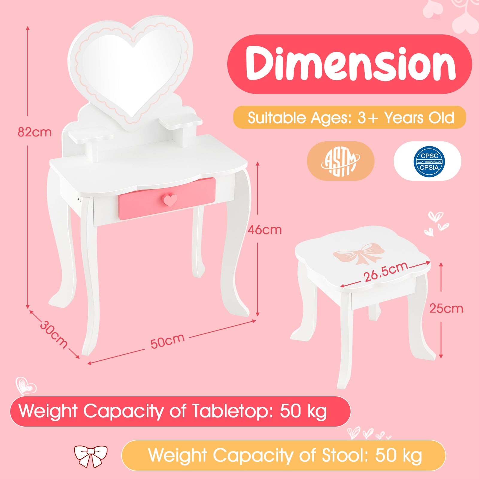 Kids Vanity Table and Stool with Removable Mirror and Drawer-White