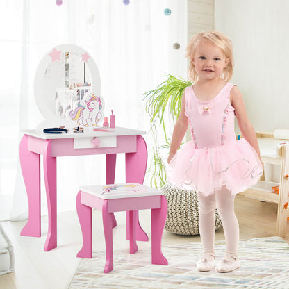 Kids Vanity Table and Chair Set with Mirror and Detachable Top-Pink