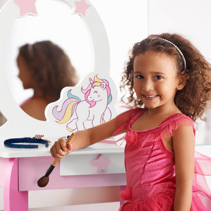 Kids Vanity Table and Chair Set with Mirror and Detachable Top-Pink