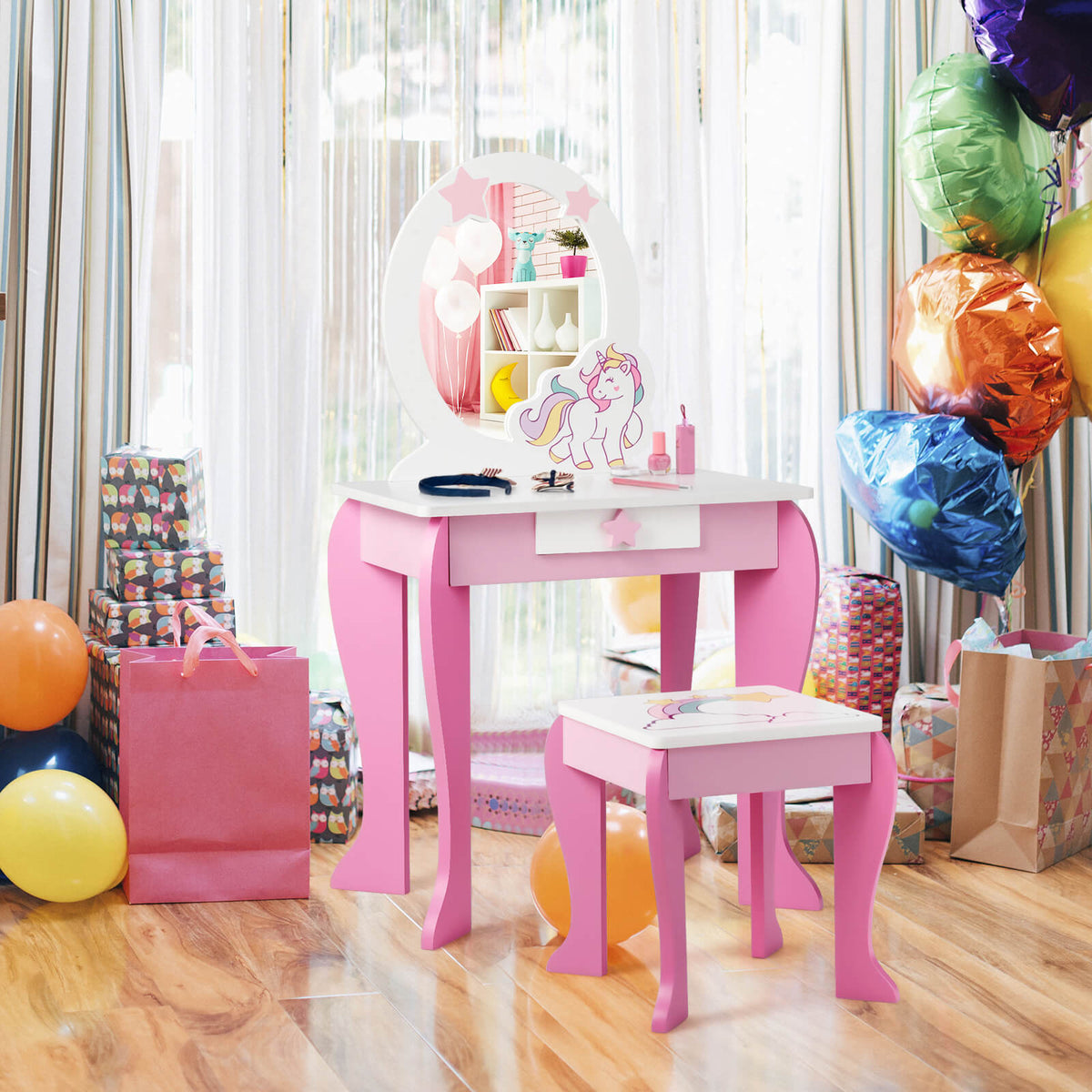 Kids Vanity Table and Chair Set with Mirror and Detachable Top-Pink