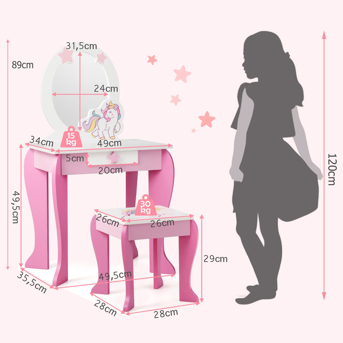 Kids Vanity Table and Chair Set with Mirror and Detachable Top-Pink