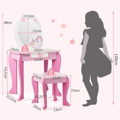 Kids Vanity Table and Chair Set with Mirror and Detachable Top-Pink