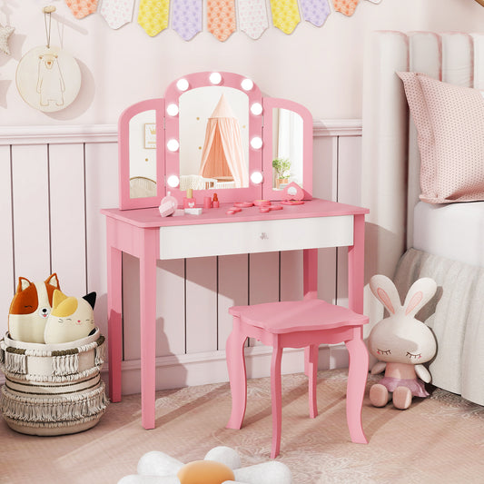Kids Vanity Table with Mirror and Lights Princess Makeup Vanity Desk-Pink