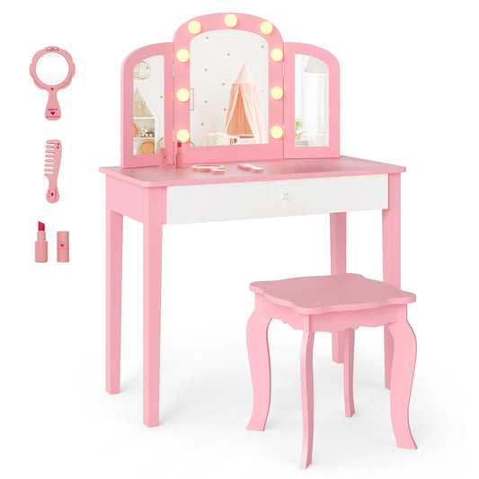 Kids Vanity Table with Mirror and Lights Princess Makeup Vanity Desk-Pink