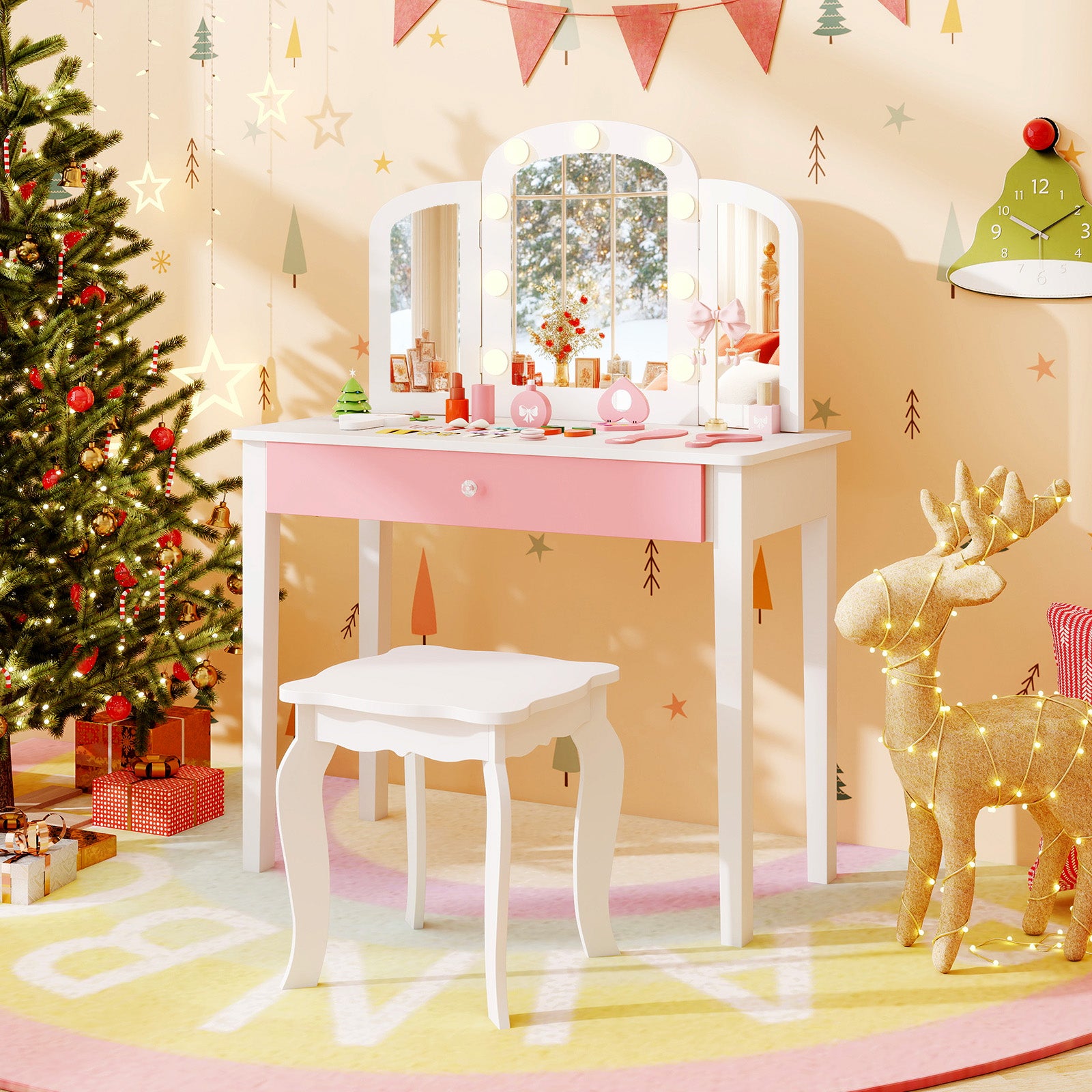 Kids Vanity Table with Mirror and Lights Princess Makeup Vanity Desk-White