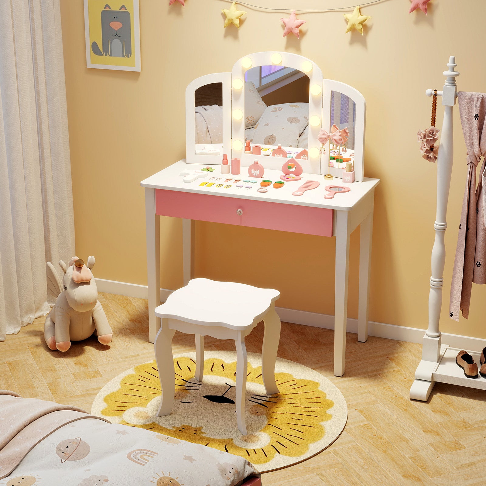 Kids Vanity Table with Mirror and Lights Princess Makeup Vanity Desk-White