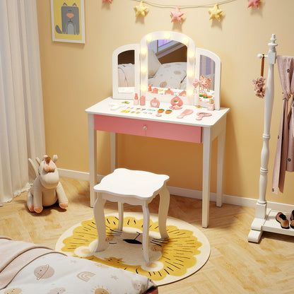 Kids Vanity Table with Mirror and Lights Princess Makeup Vanity Desk-White