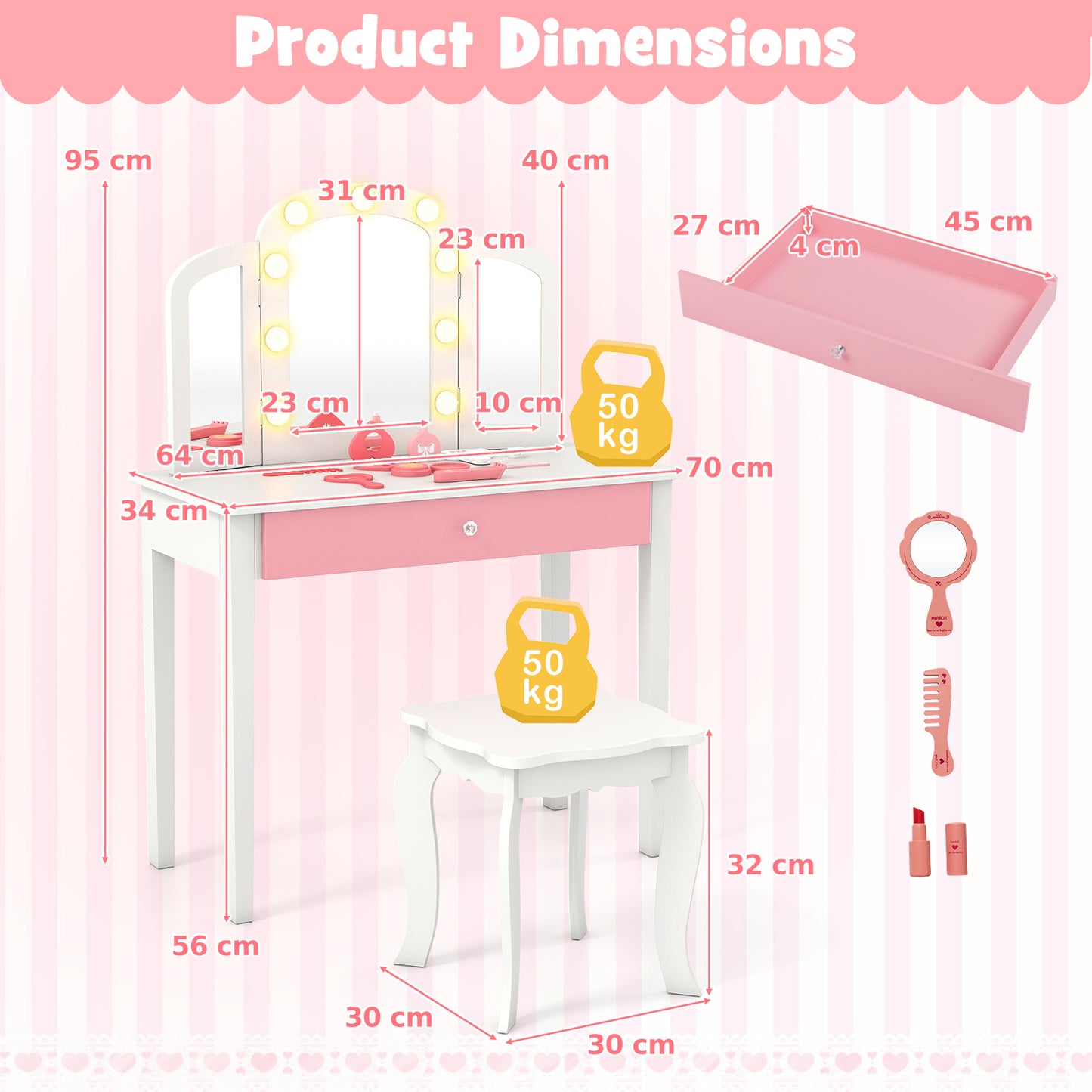 Kids Vanity Table with Mirror and Lights Princess Makeup Vanity Desk-White