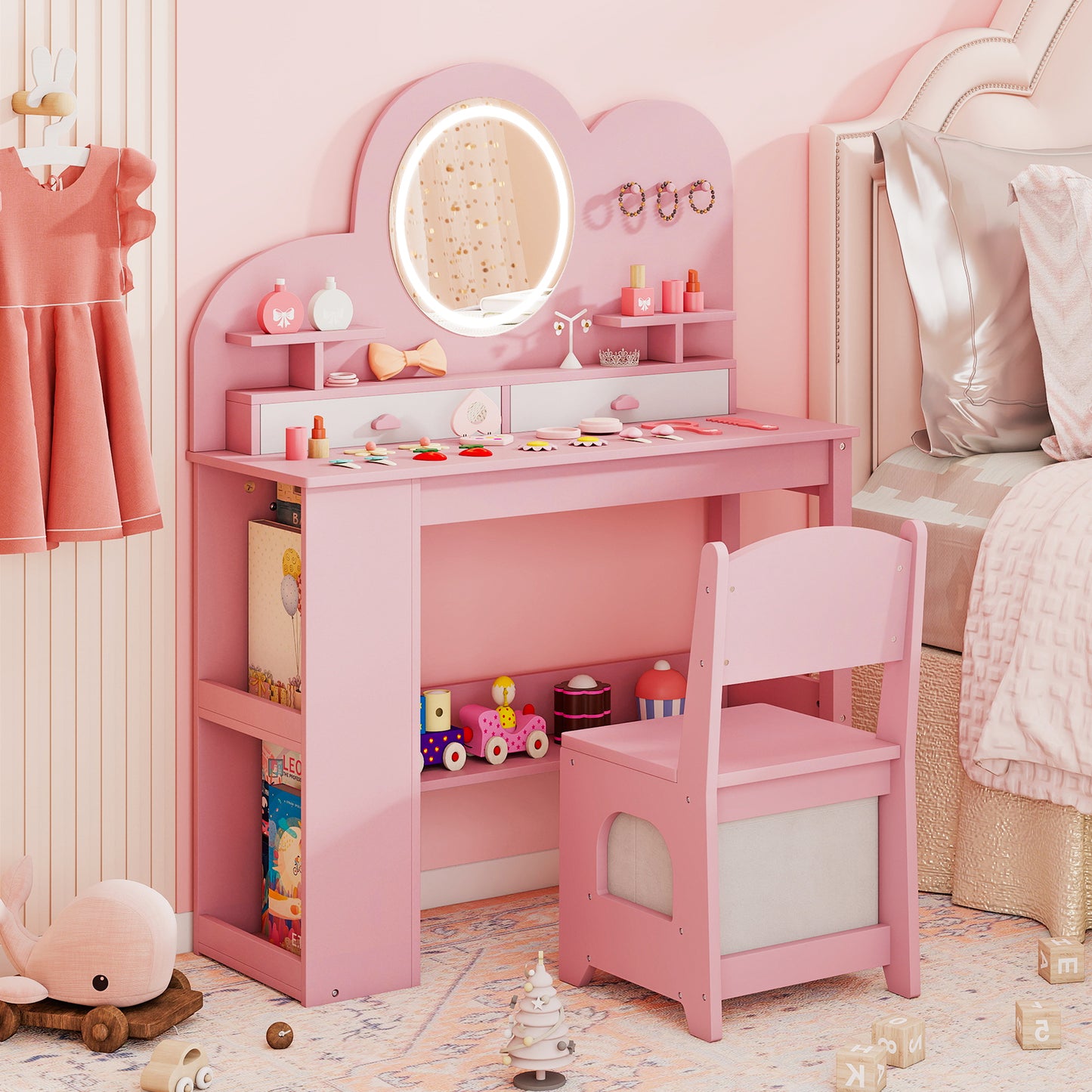 Kids Vanity with Lights Princess Vanity Table and Chair Set with 2 Drawers-Pink