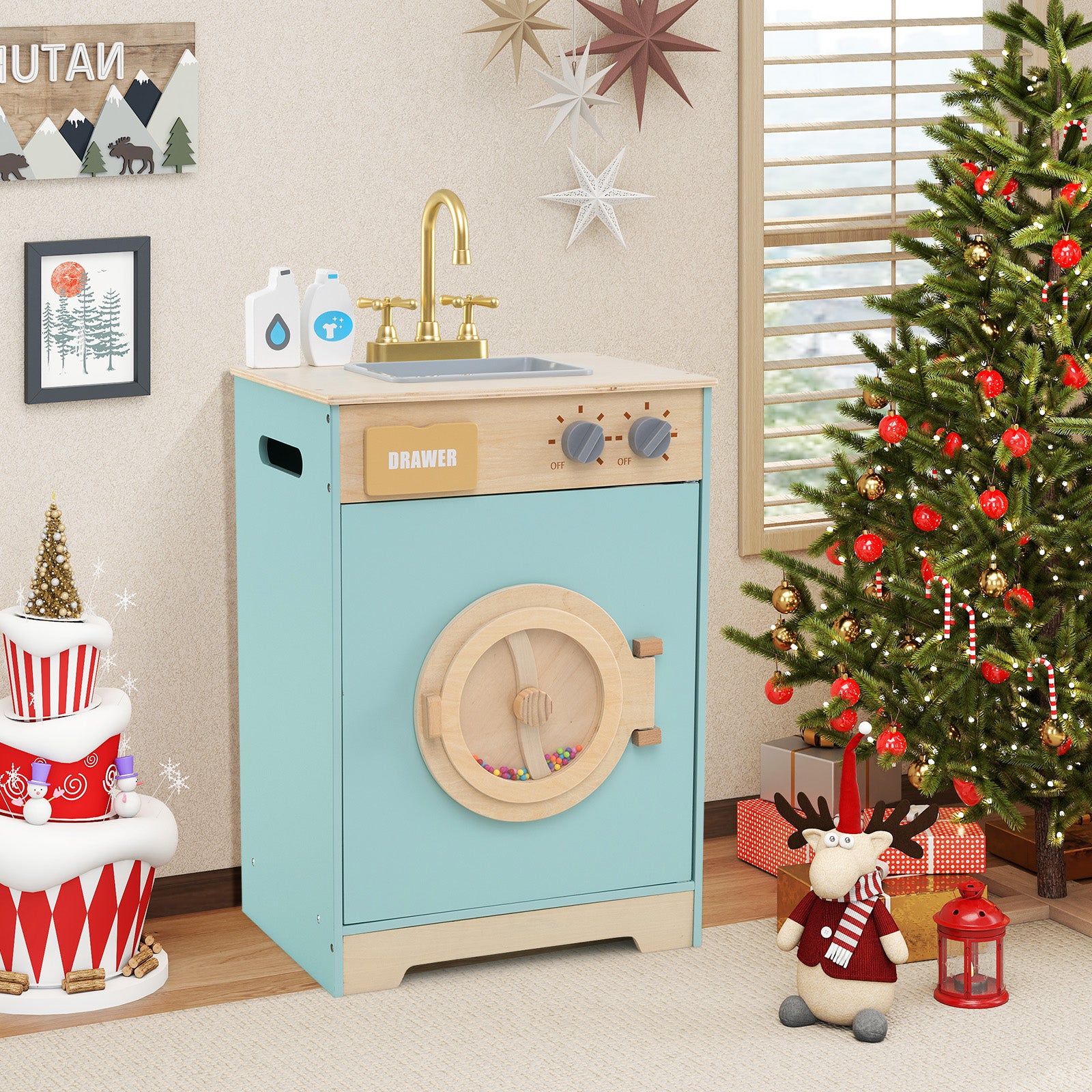 Kids Washer Playset Toy Washing Machine with Laundry Detergent-Blue