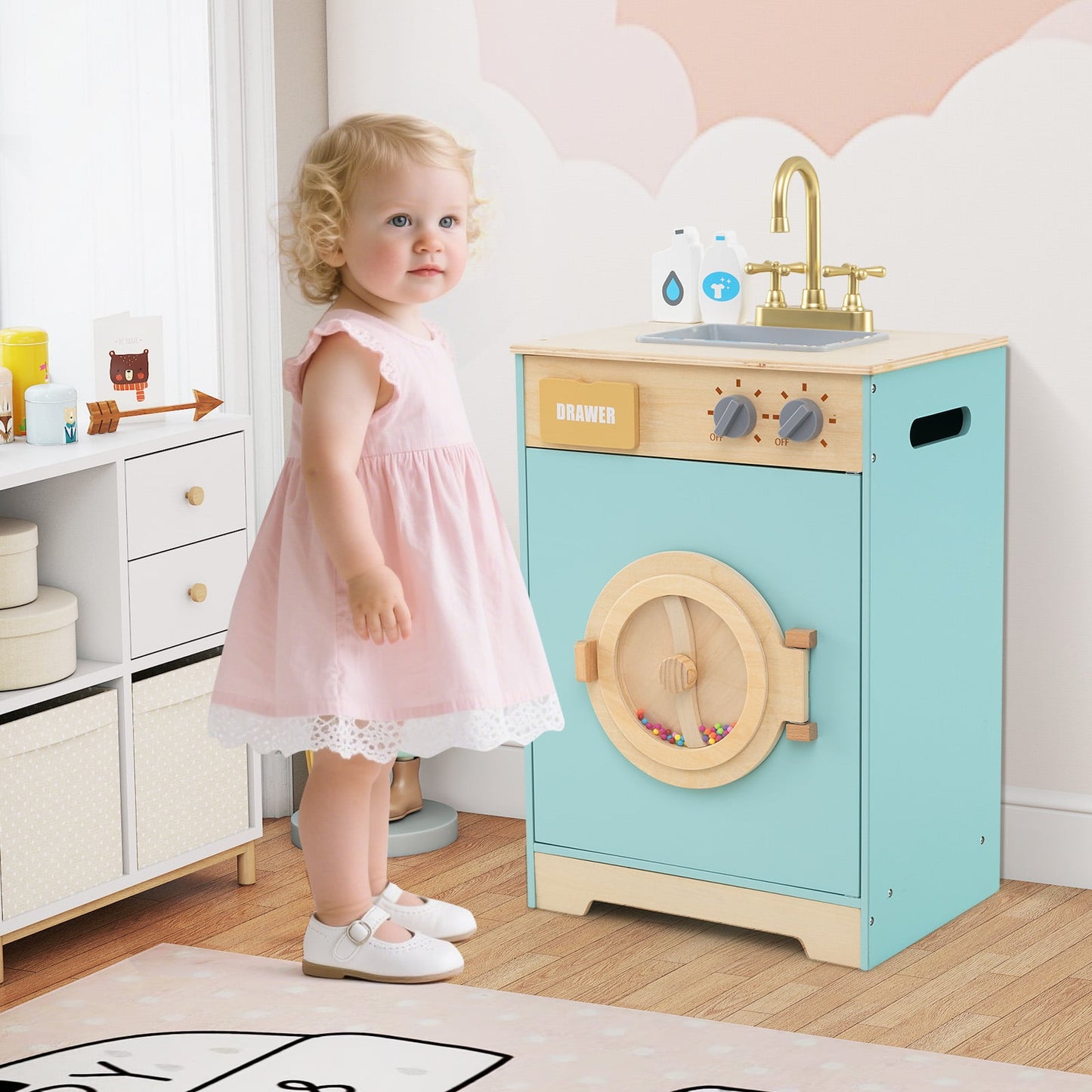 Kids Washer Playset Toy Washing Machine with Laundry Detergent-Blue