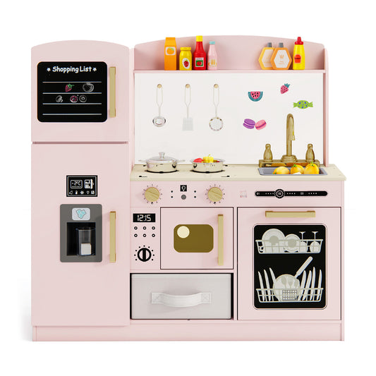 Kids Wooden Kitchen Playset Pretend Play with Chalkboard and Ice Maker-Pink