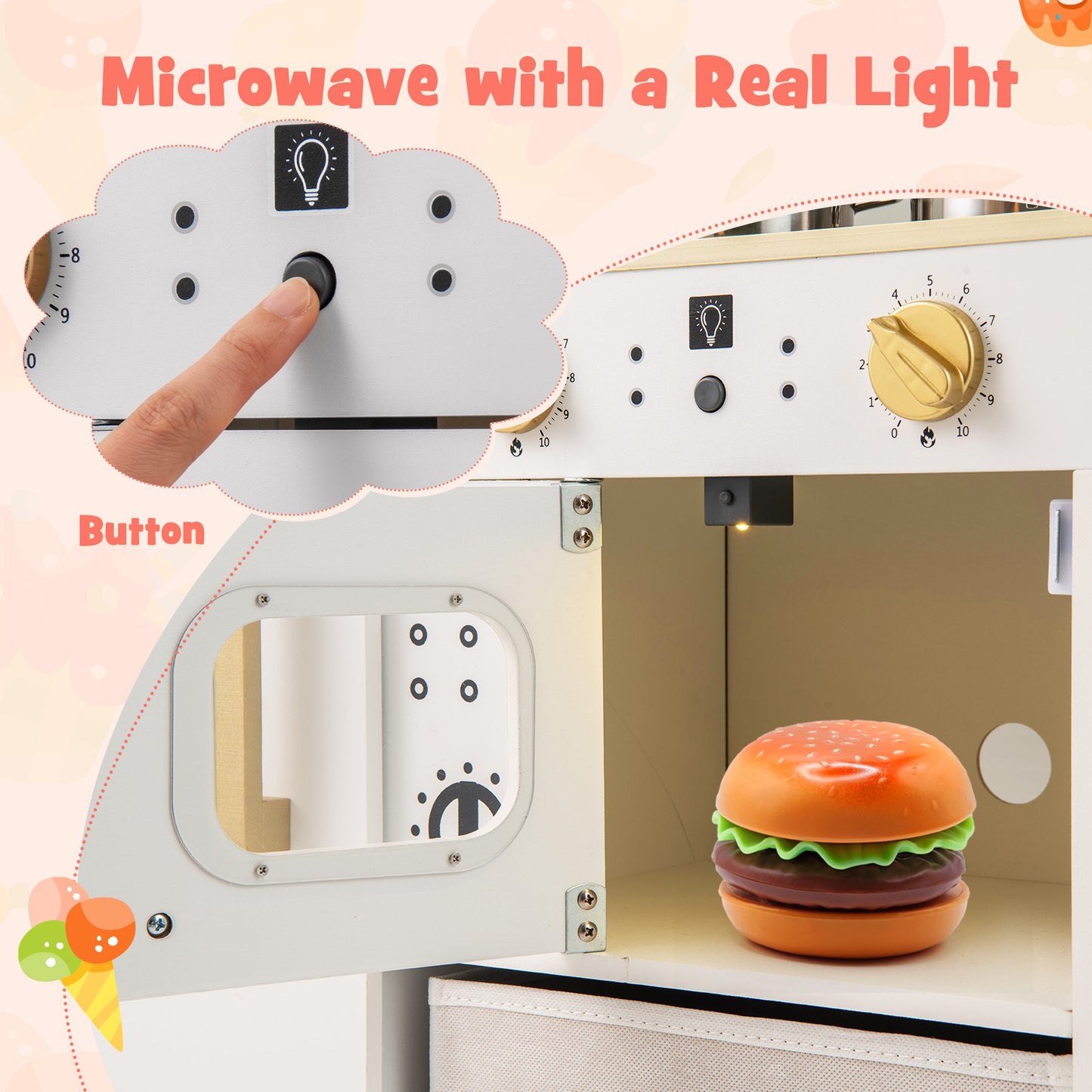 Kids Wooden Kitchen Playset Pretend Play with Chalkboard and Ice Maker-White