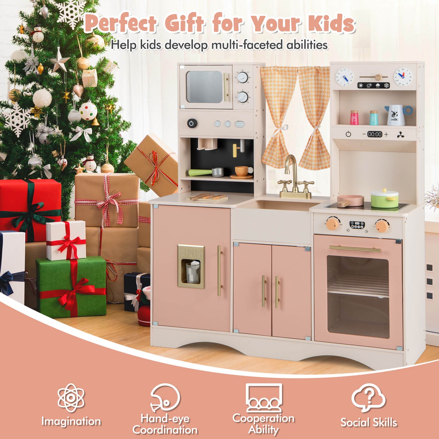 Kids Play Kitchen Wooden with Microwave and Ice Maker with Sounds-Pink