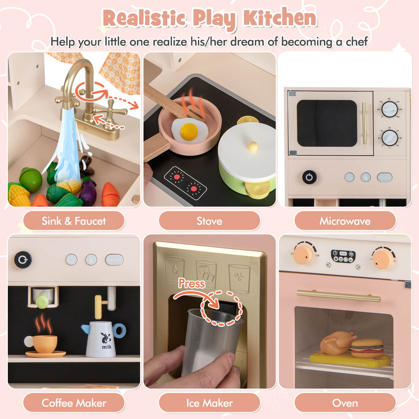 Kids Play Kitchen Wooden with Microwave and Ice Maker with Sounds-Pink