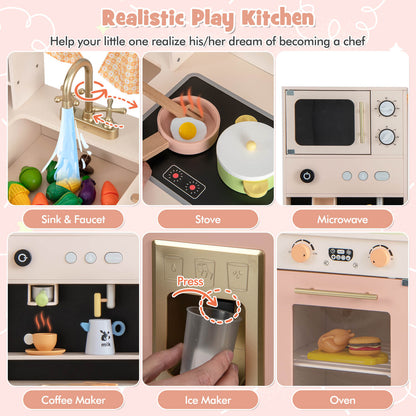 Kids Play Kitchen Wooden with Microwave and Ice Maker with Sounds-Pink