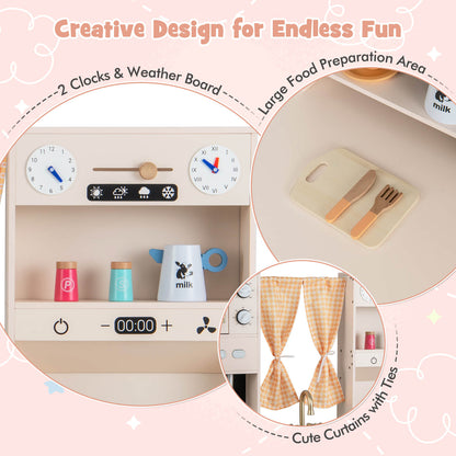 Kids Play Kitchen Wooden with Microwave and Ice Maker with Sounds-Pink