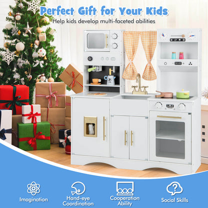 Kids Play Kitchen Wooden with Microwave and Ice Maker with Sounds-White