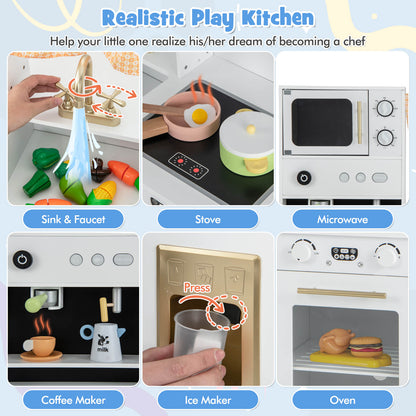 Kids Play Kitchen Wooden with Microwave and Ice Maker with Sounds-White