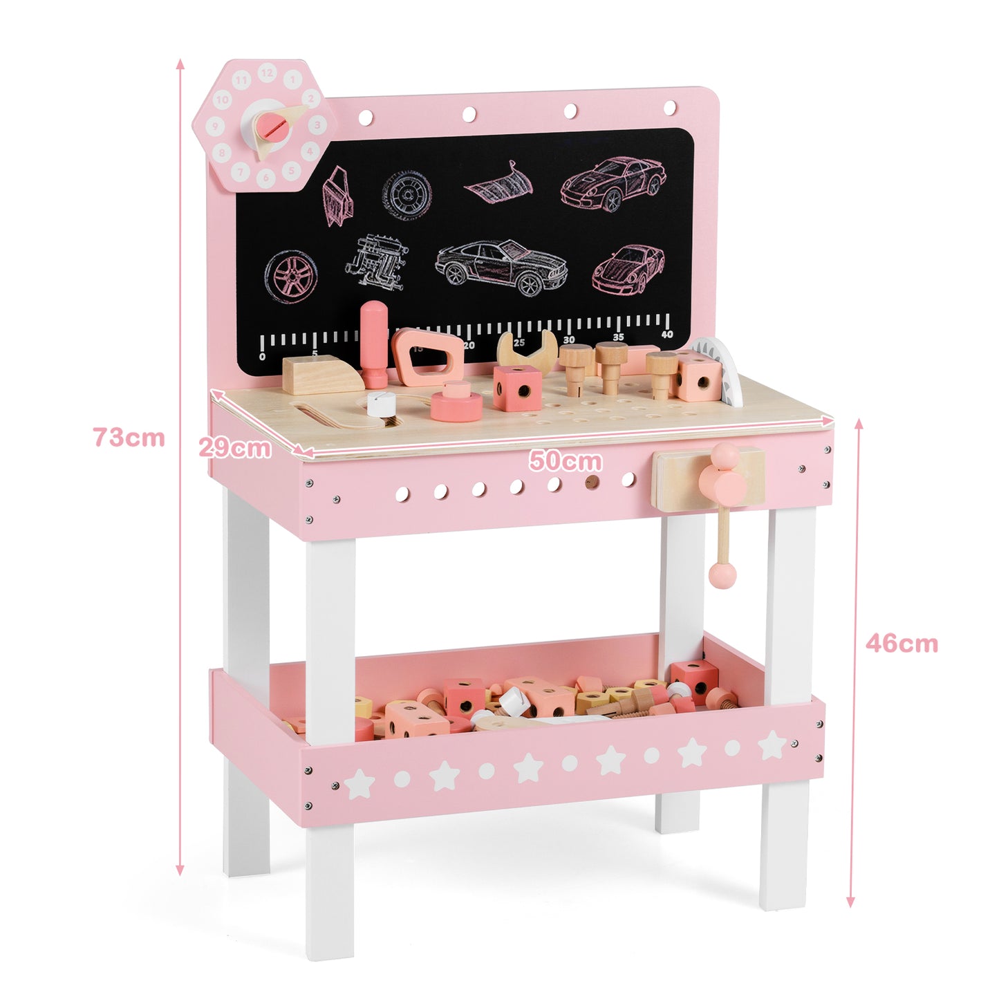 Kids Wooden Play Workbench with Blackboard and Tool Parts Set-Pink