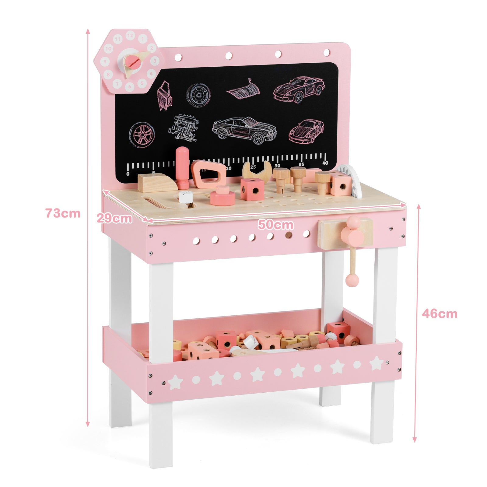 Kids Wooden Play Workbench with Blackboard and Tool Parts Set-Pink