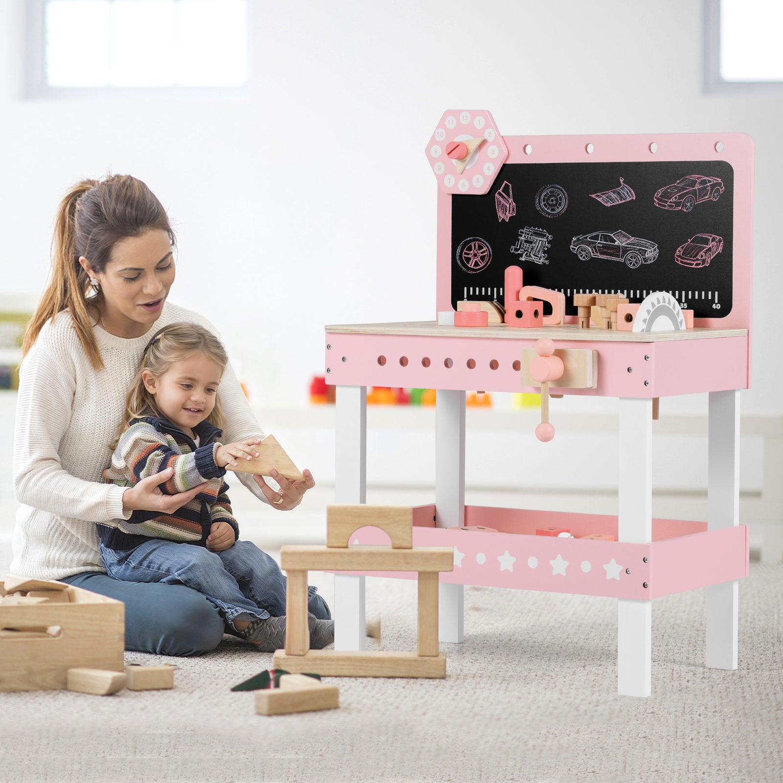 Kids Wooden Play Workbench with Blackboard and Tool Parts Set-Pink