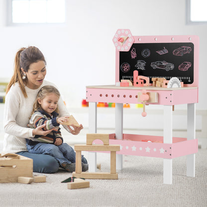 Kids Wooden Play Workbench with Blackboard and Tool Parts Set-Pink
