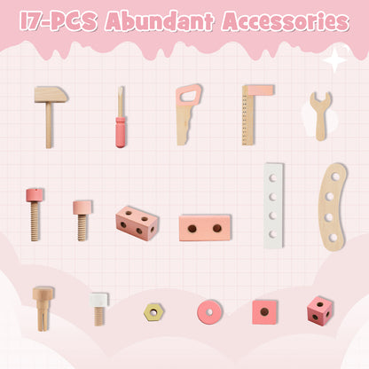 Kids Wooden Play Workbench with Blackboard and Tool Parts Set-Pink