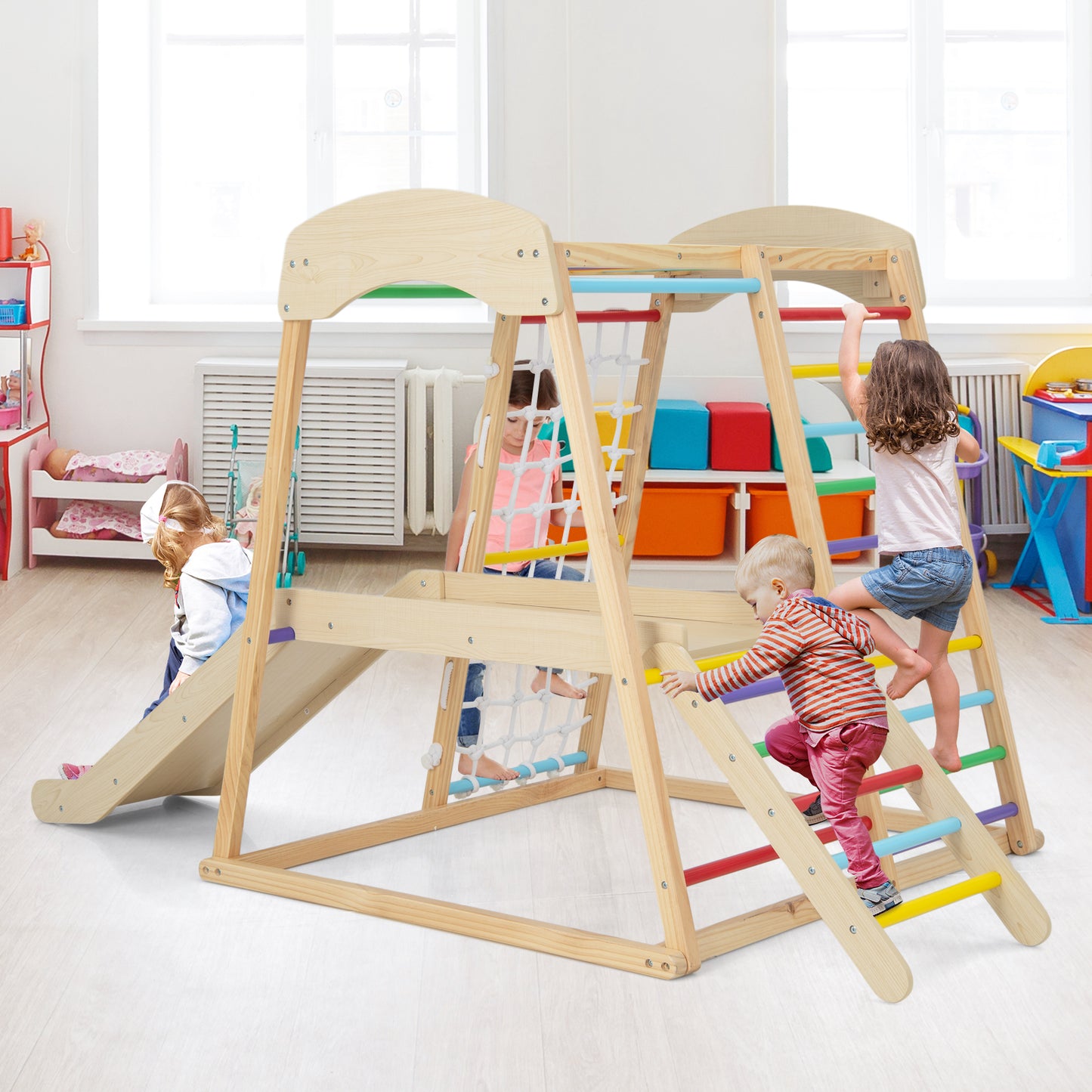 6-in-1 Indoor Jungle Gym Kids Wooden Playground Climber Playset-Multicolor