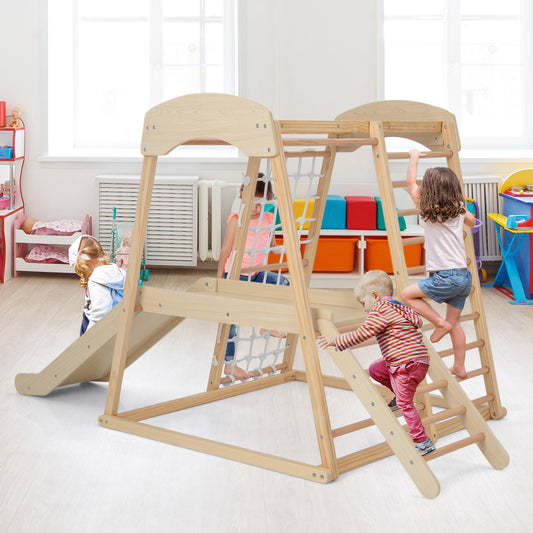 6-in-1 Indoor Jungle Gym Kids Wooden Playground Climber Playset-Natural