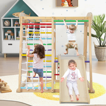 6-in-1 Indoor Jungle Gym Kids Wooden Playground Climber Playset-Natural
